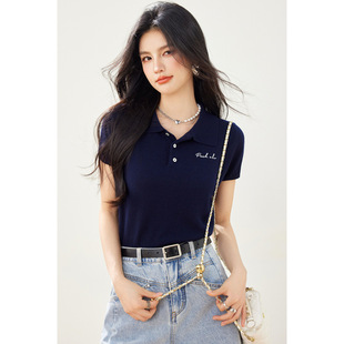 Spring Summer Autumn New Basic Color American Vintage with Polo Shirt Short-sleeved T-shirt Women's New Wool Knitted Top