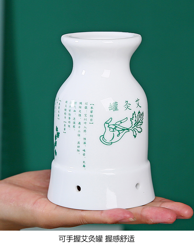 Double-Layer Ceramic Moxibustion Jar with Heat-Insulated Cover Handheld Warming Massage Tool for Gua Sha and Moxa Therapy in use