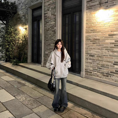 美式复古高领开衫刺绣卫衣女春秋连帽上衣设计感小众宽松情侣外套