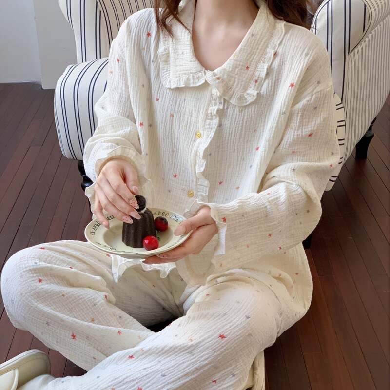 Pure Cotton Double-Layer Gauze Pajamas for Women, Spring and Autumn, Doll Collar, Crepe Fabric, Full Cotton, Long-Sleeved, Long-Pants, Girl's Lace Homewear Set