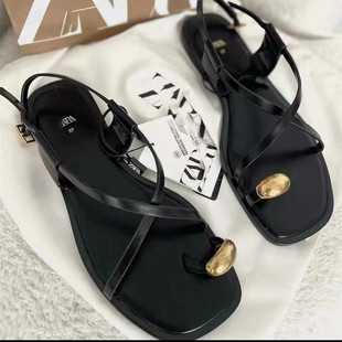 Independent station cross-border new metal clip-on split-toe flat sandals cross-strap design buckle women's shoes