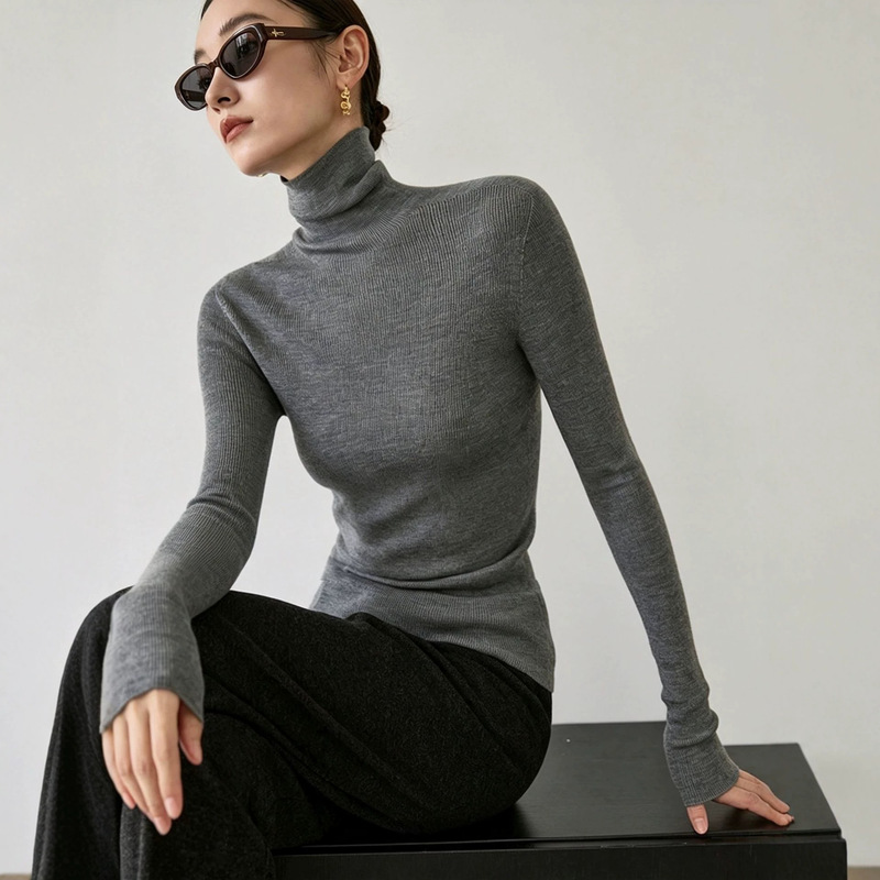 Machine washable, thickened merino wool, 15-gauge, high-neck, elastic, seamless, all-in-one knitted base layer for women, providing warmth for autumn and winter Machine washable, thickened merino wool, 15-gauge, high-neck, elastic, seamless, all-in-one knitted base layer for women, providing warmth for autumn and winter