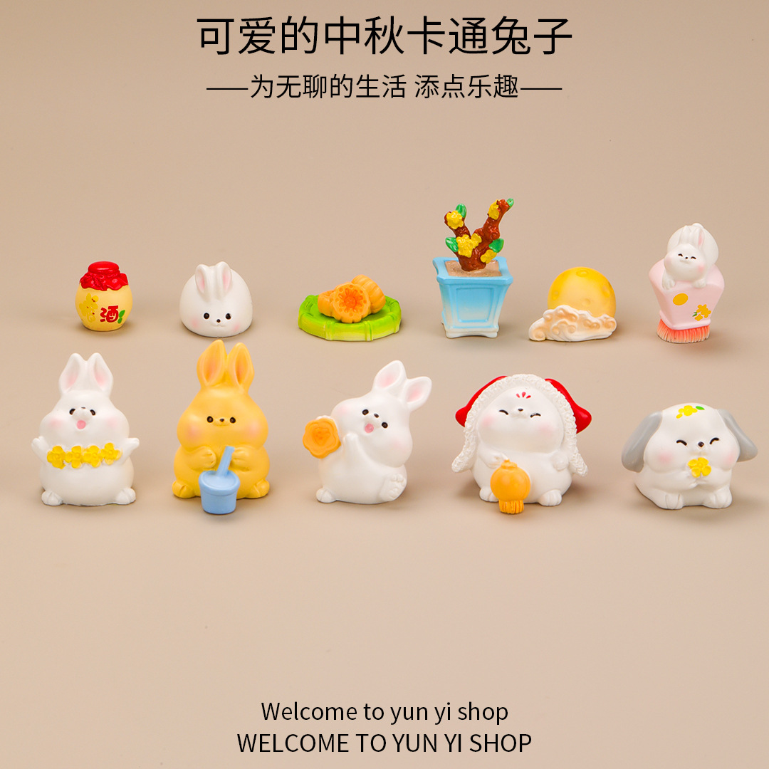 마이크로 풍경 작은 장식품 귀여운 동물 중추절 만화 토끼 사랑스러운 토끼 원예 중추절 달 케이크 수지 창조적 인 액세서리