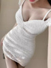 Spicy Girl Lace Bottom Hollow Wrapped Hip Skirt Off Shoulder Strap Dress