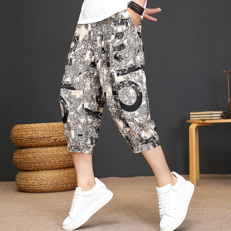 Summer Chinese Style Printed Ice Silk Pants Men's Thin Trendy Cropped Pants Loose Haren Pants Large Size Pants