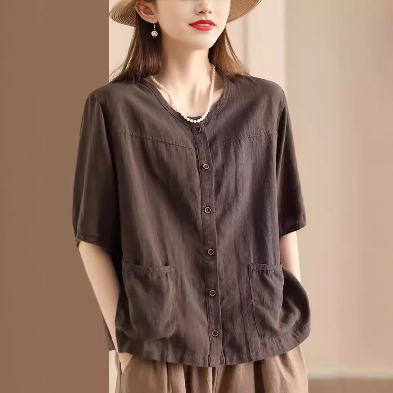 2025 Summer New Retro Literary Cardigan Cotton and Linen Shirt Pocket Design Women's Casual Single-Breasted Short-Sleeved Elegant