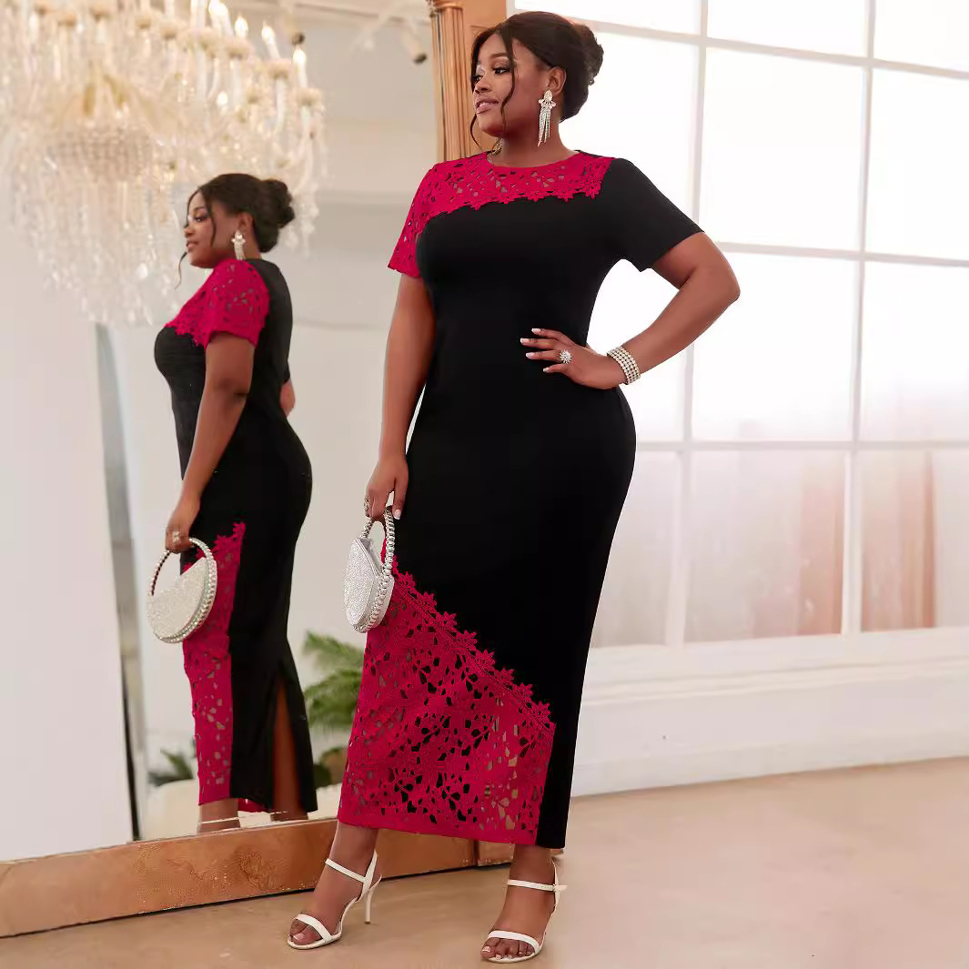 Women's Clothing Elegant lace stitching plus size dress contrast stitching asymmetric light dress dress_voghion.com