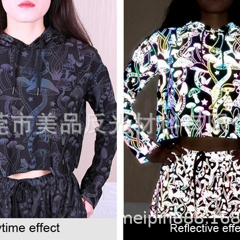 反光印花布七彩反光布炫彩时尚面料手感好反光度强涤纶布和弹力布