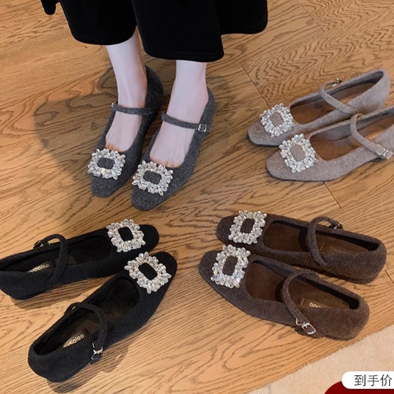 羊皮版~葡萄妈同款法式钻扣方头一字带保暖毛呢粗跟玛丽珍单鞋女|undefined