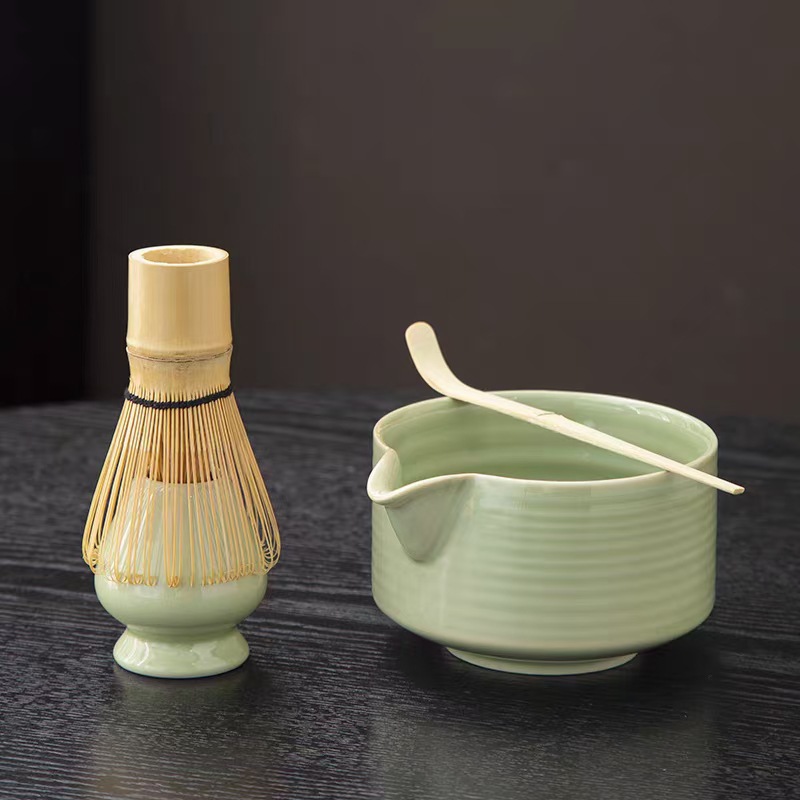 말차 세트 - 밝은 녹색 가로 줄무늬 - 선물 상자