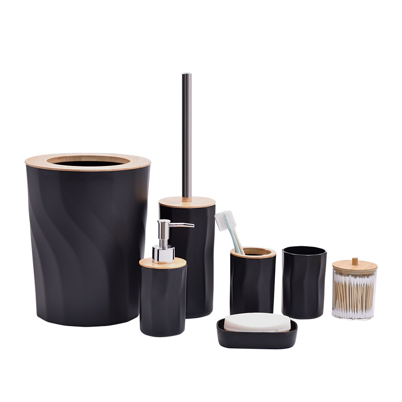 Cubierta de bambú y madera de plástico de baño de cuatro piezas de almacenamiento de cubierta de inodoro estante de tazas de dientes fabricantes de baño al por mayor