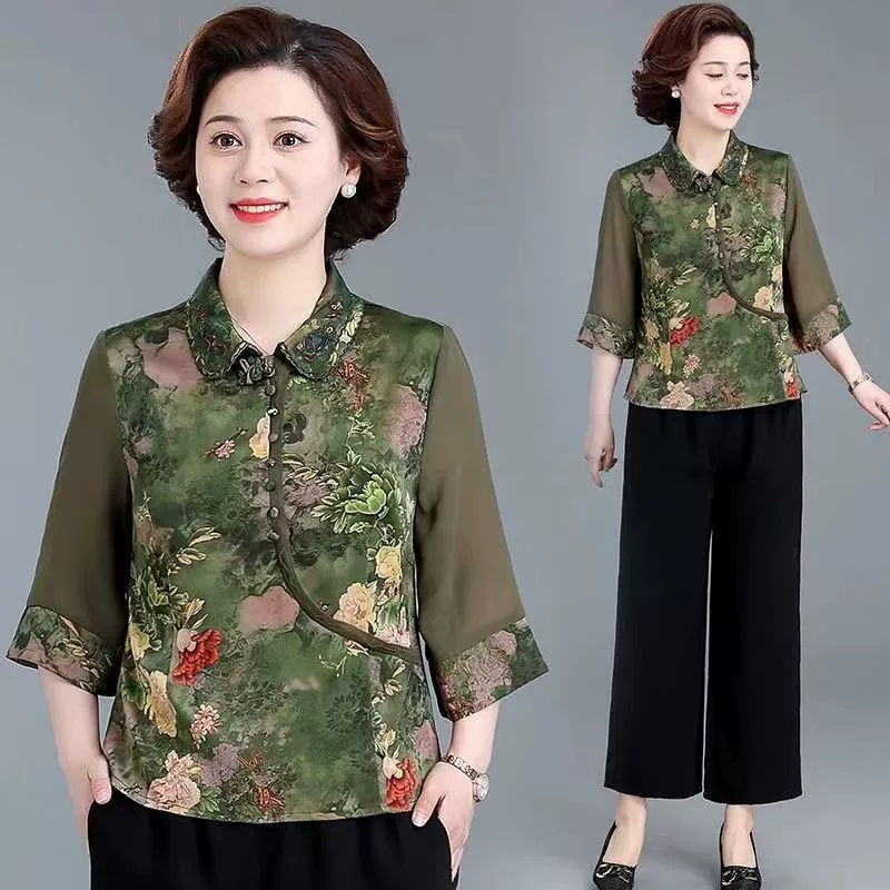 Летний стильный костюм для мамы с рукавами три четверти для женщин среднего и пожилого возраста, модный шифоновый комплект из двух предметов, тонкий новый китайский стиль