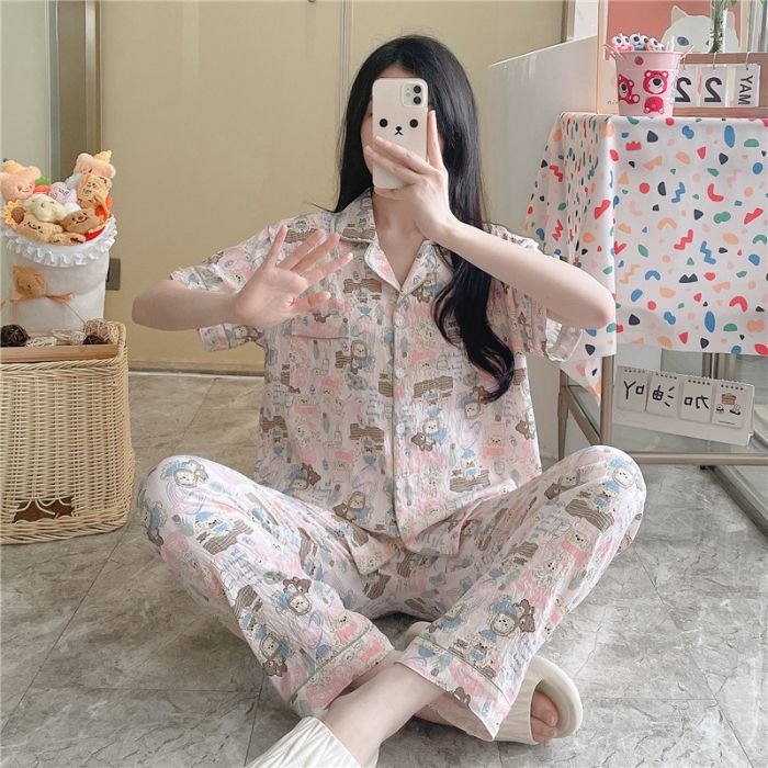 Pijamas transfronterizos al por mayor para mujer nube algodón otoño verano rebeca solapa pantalones de manga corta traje de servicio a domicilio simple y cómodo