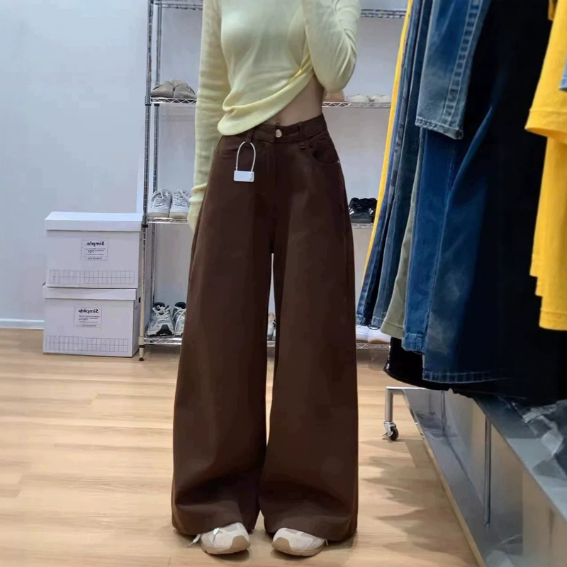 American retro-style brown high-waisted women's jeans, new spring and autumn model, slimming, loose, straight-leg, floor-length casual pants American retro-style brown high-waisted women's jeans, new spring and autumn model, slimming, loose, straight-leg, floor-length casual pants