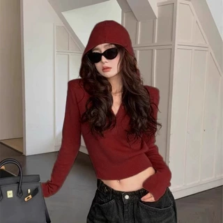 安可拉时尚美式连帽针织衫女修身短款毛衣卫衣秋季设计感内搭上衣