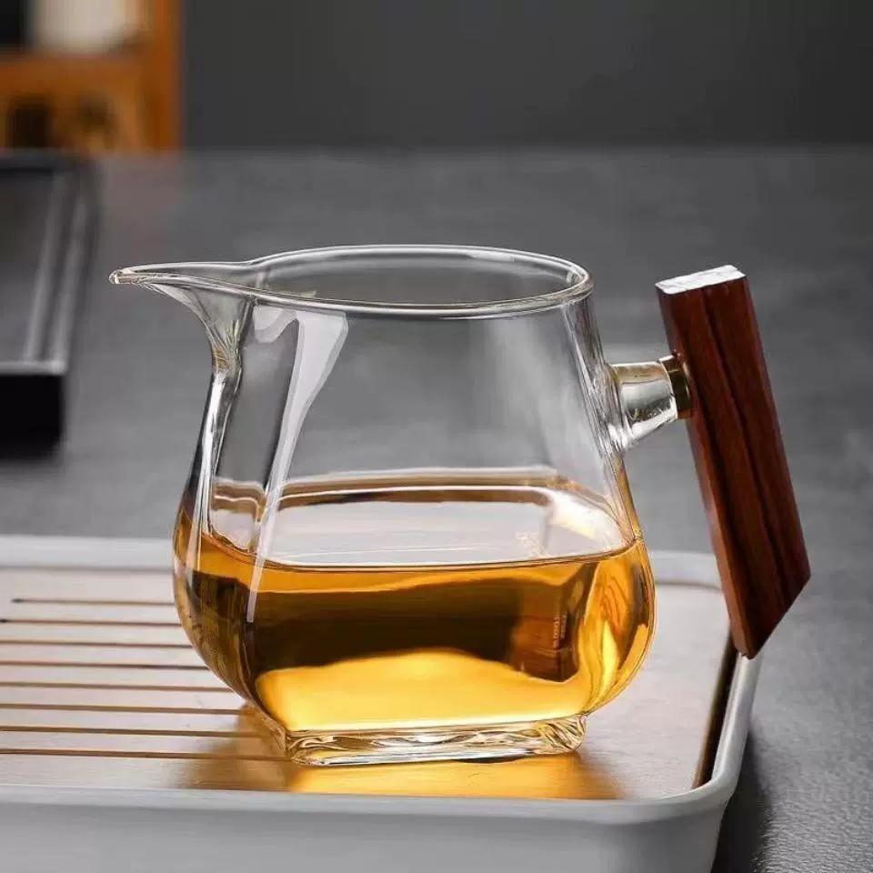 供应玻璃公道杯透明玻璃木把手茶海高硼硅玻璃茶具木雀分茶器匀杯