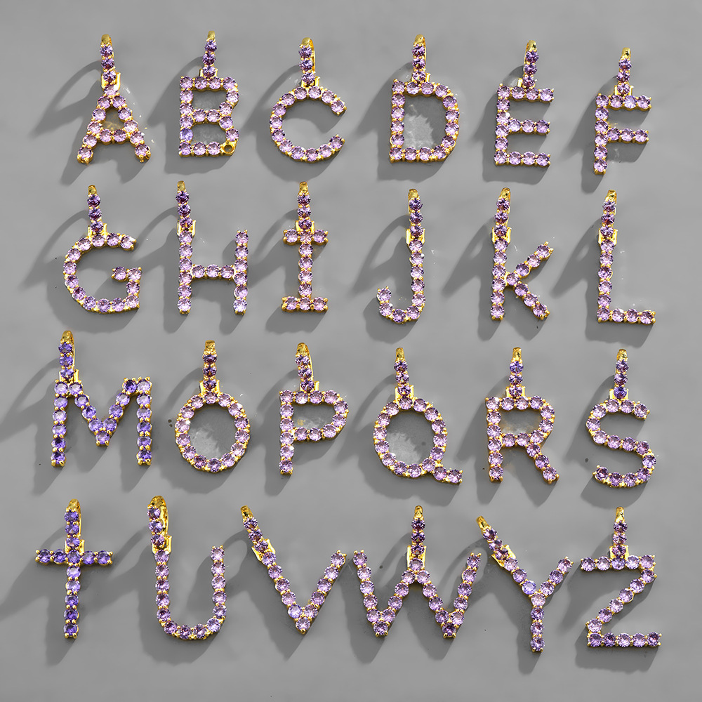 Zircon Letter 26 English Letter Pendant Creative Trend Inlaid Pink Purple Zircon Pendant DIY European Hip Hop Necklacepicture3
