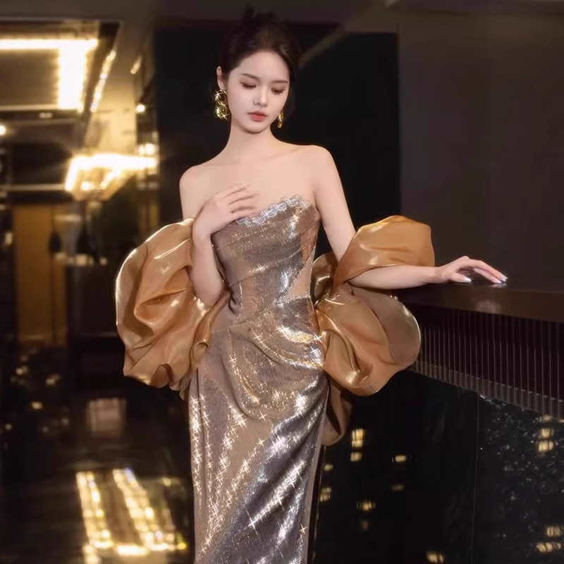 Golden Strapless High-End Elegant Engagement Sequin Evening Dress Banquet Style Light Luxury Fairy-Like Fishtail Long Dress