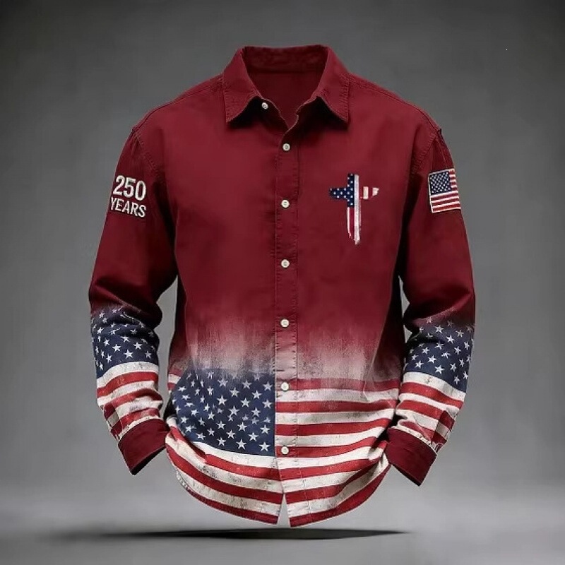 250Th Anniversary American Flag 3D Digital Print Gradient Shirt Burgundy Long Sleeve Lapel Top
