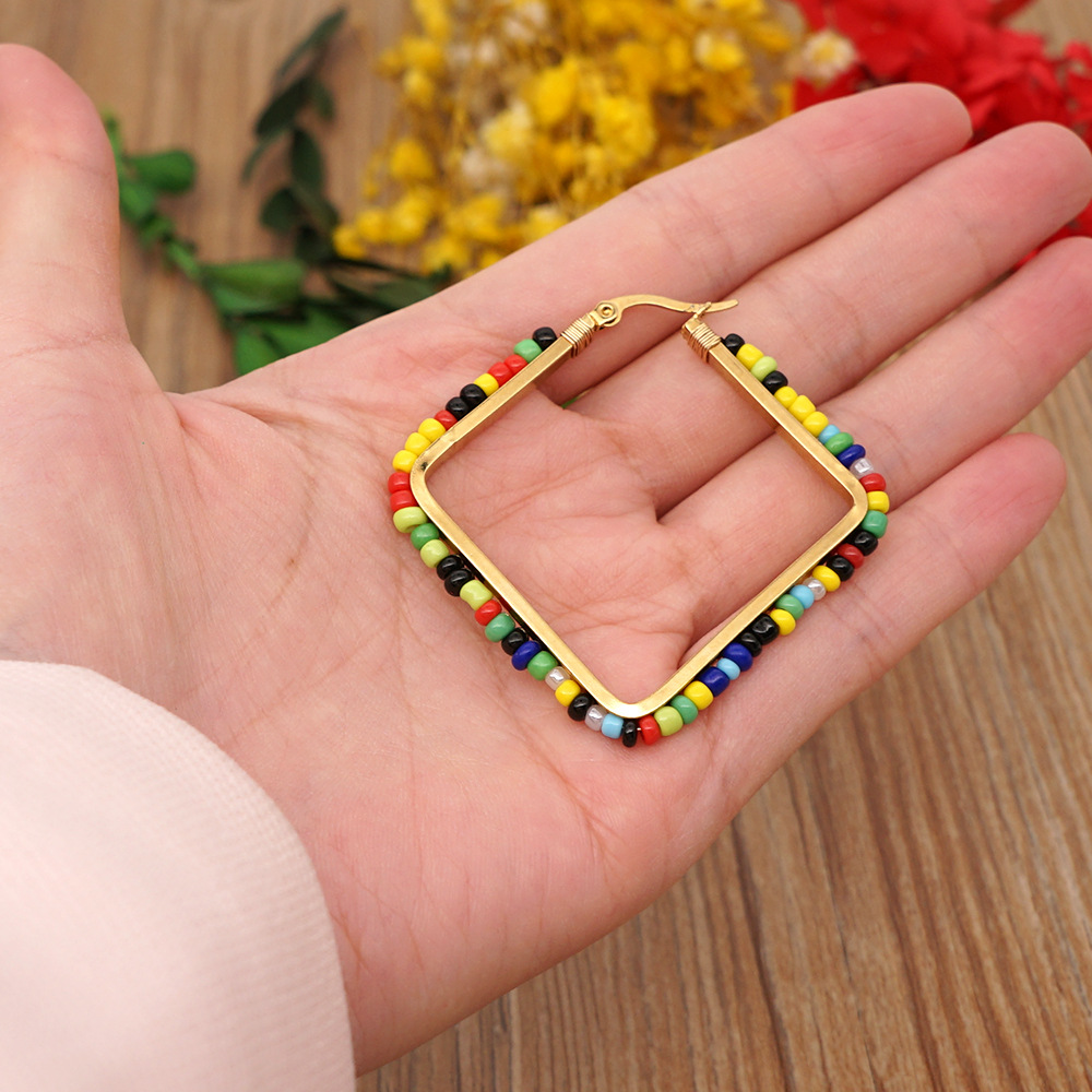 Beaded Material Rhombus Pattern Bohemia European Retro Glass Rice Beads Diamond Stud Earrings