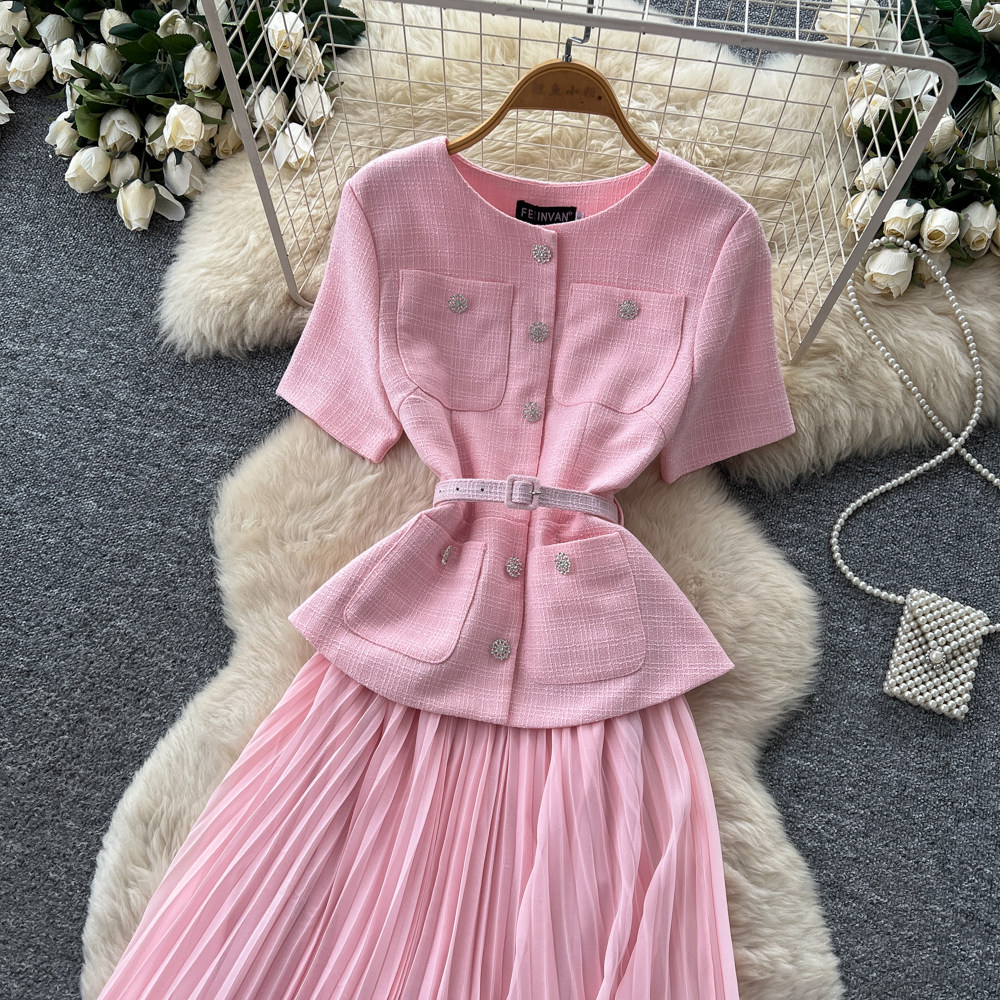 Inspired Pink A-Line Dress Short Sleeved High Waisted Fitted Long Skirt Luxurious Feel Women's Clothing_ecoleips.com