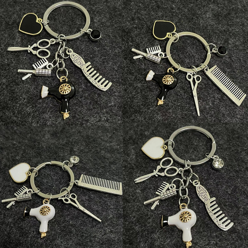 Hair Dryer Comb Scissors Gemstone Love Heart Barber Career Keychain Hairstylist Key Chain