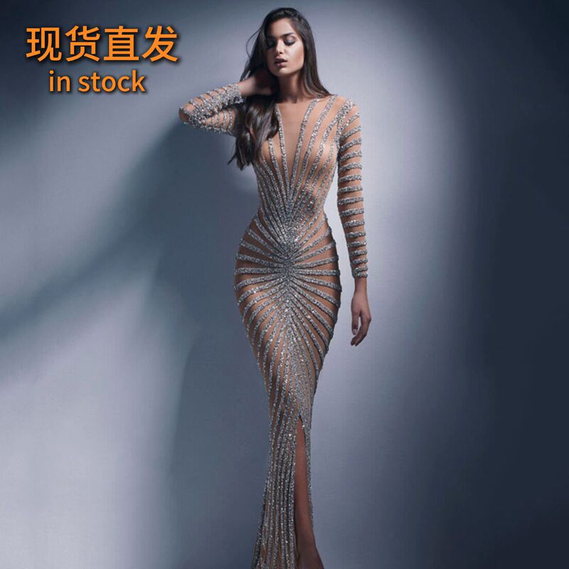 2026 new European and American women's fashion, cross-border sheer mesh long-sleeved dress with rhinestone embellishments and a slit 2026 new European and American women's fashion, cross-border sheer mesh long-sleeved dress with rhinestone embellishments and a slit