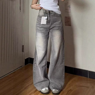 浅色窄版阔腿牛仔裤女新款高腰宽松梨形身材遮肉时尚直筒拖地裤子
