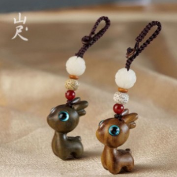 壹鹿有妳天然檀木小鹿車鑰匙挂件手機挂繩壹路平安鑰匙扣