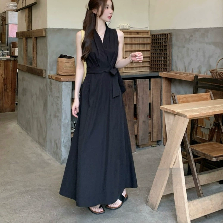 Французское плиссированное черное платье с v-образным вырезом для женщин, летняя юбка, элегантный жилет без рукавов с ремешками на талии, длинная юбка