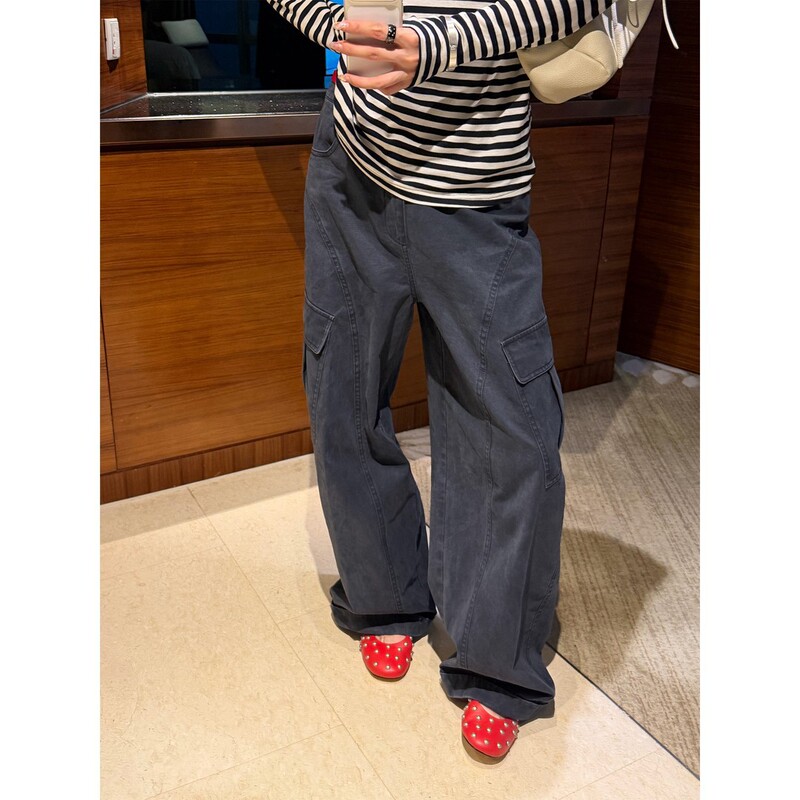 American-style distressed wide-leg pants with large pockets, versatile casual straight-leg work pants for women # 5580Y American-style distressed wide-leg pants with large pockets, versatile casual straight-leg work pants for women # 5580Y