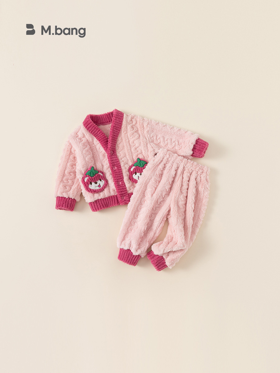Youbao Ropa Infantil Conjunto de Pijama para Niñas Otoño e Invierno Conjunto de Dos Piezas de Suéter de Felpa con Estampado de Fresas para Niños DT23200