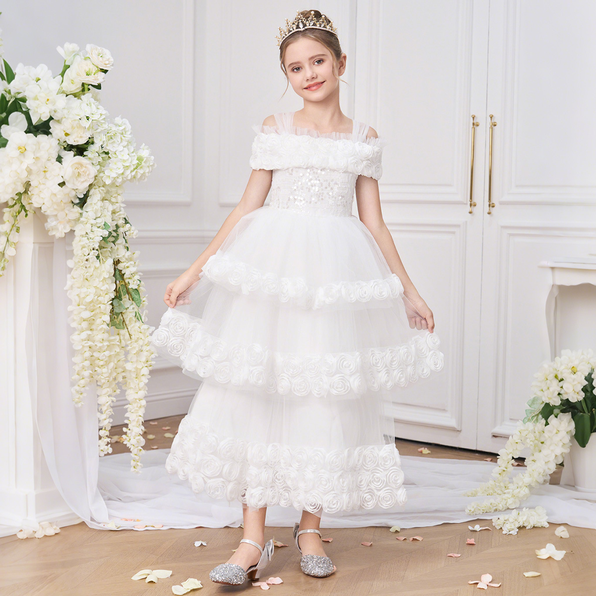 Vestido transfronterizo, vestido de princesa, falda de malla de un hombro, vestido de fiesta de niña de tela forjada, traje de interpretación de piano, falda de pastel