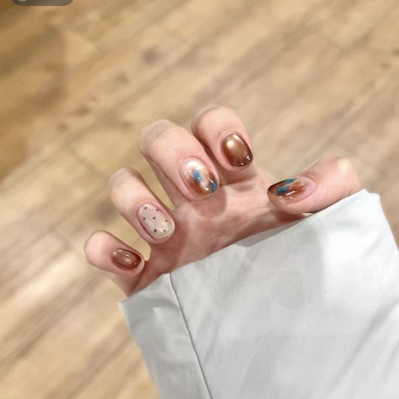 【Glazed Tea】Early autumn-themed brown cat-eye polka dot amber, handmade nail wraps for a gentle and sophisticated manicure 【Glazed Tea】Early autumn-themed brown cat-eye polka dot amber, handmade nail wraps for a gentle and sophisticated manicure