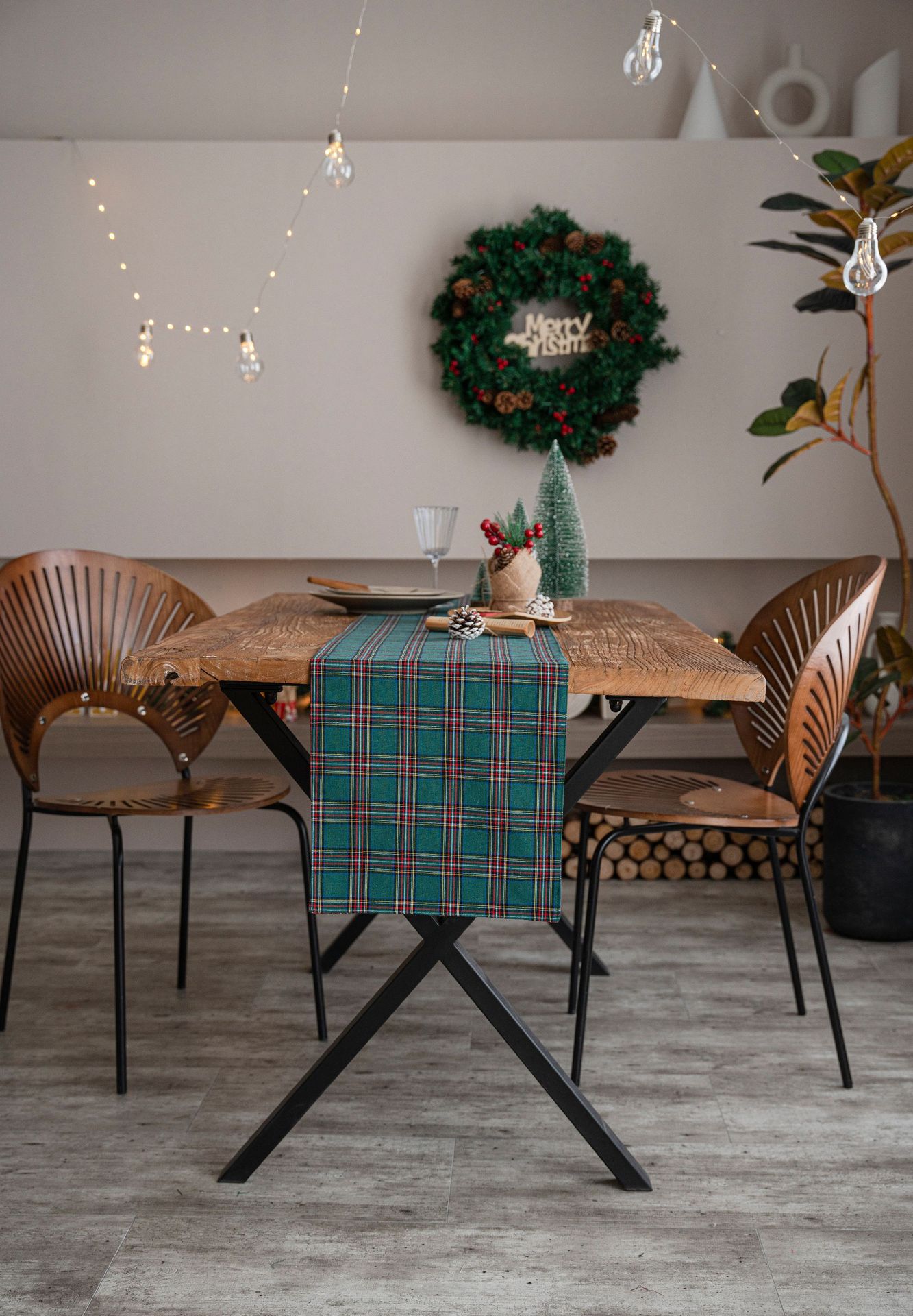 夹心格墨绿桌旗