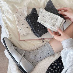 灰色蝴蝶结袜子女纯棉中筒袜春秋款日系简约ins潮微压无骨堆堆袜