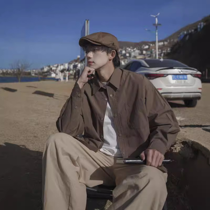 Japanese Vintage cityboy Brown Shirt Men's Autumn Tooling Long Sleeve Shirt American Style oversize Jacket