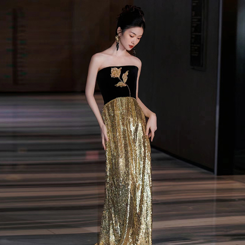 Đầm maxi nữ thắt eo kiểu Pháp, tay ống, phối sequin lấp lánh, dáng dài dự tiệc — Màu như hình