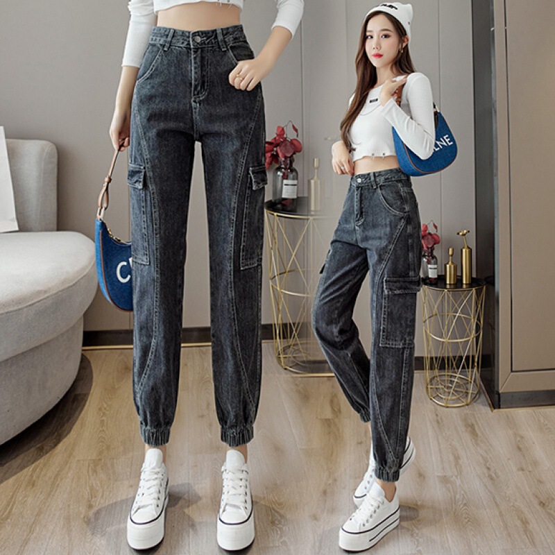 European Style Denim Cargo Pants for Women, Spring and Autumn 2023 New Loose Slimming High-Waisted Straight-Leg Jogger Harem Pants