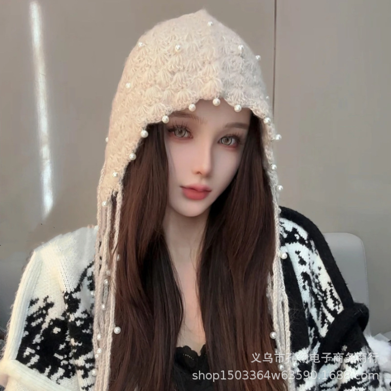 红色帽子女款2025新款民族风钉珠流苏护耳帽加厚保暖显脸小套头帽|undefined