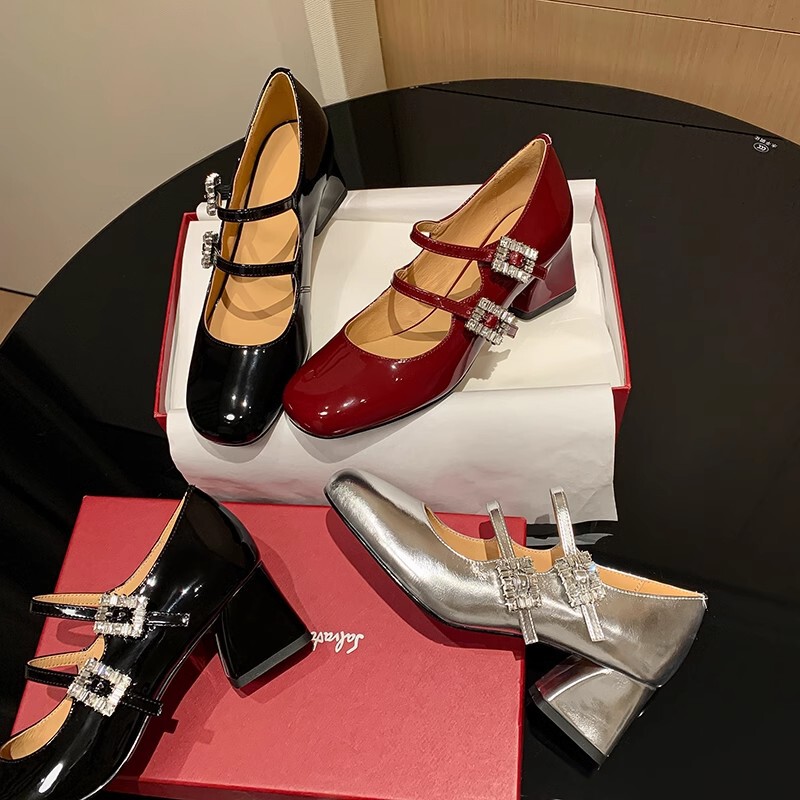 Spot 1019-5 Genuine Leather Shallow Mouth Flats for Women with Skirts Mary Jane High Heels Fairy Style Thick Heel Rhinestone Buckle