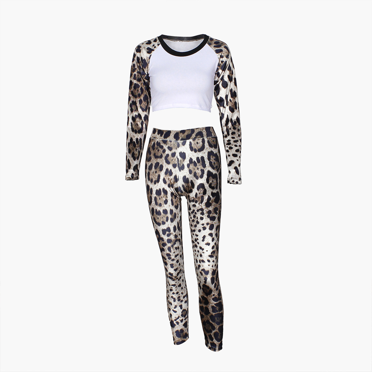 Fall Leopard Splicing Slim Fit Sexy Sexy Cropped Long Sleeve Top Trousers Two Piece Sets