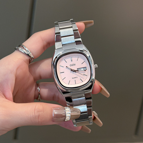Goldie's simple new style retro fashion rounded square steel strap quartz watch for women with calendar casual ladies watch
