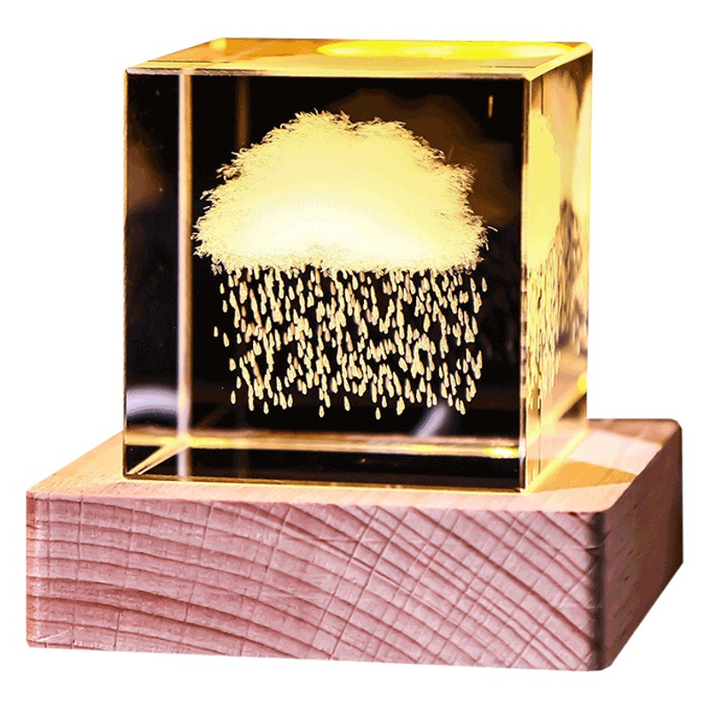 Cubo de cristal decoración interruptor de luz cálida base de madera talla interior Luna Sistema Solar Galaxy decoración de escritorio regalo de niña