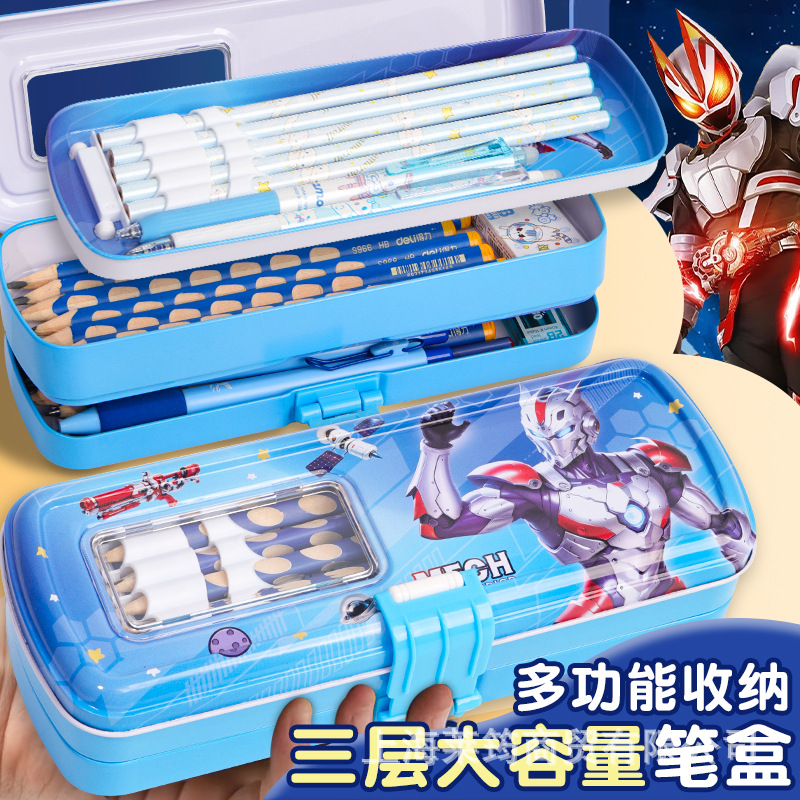 Estudiantes de primaria masculinos de tres capas caja de papelería de hierro caja de lápiz de estaño creativa caja de dibujos animados robot multiplicación caja de lápiz