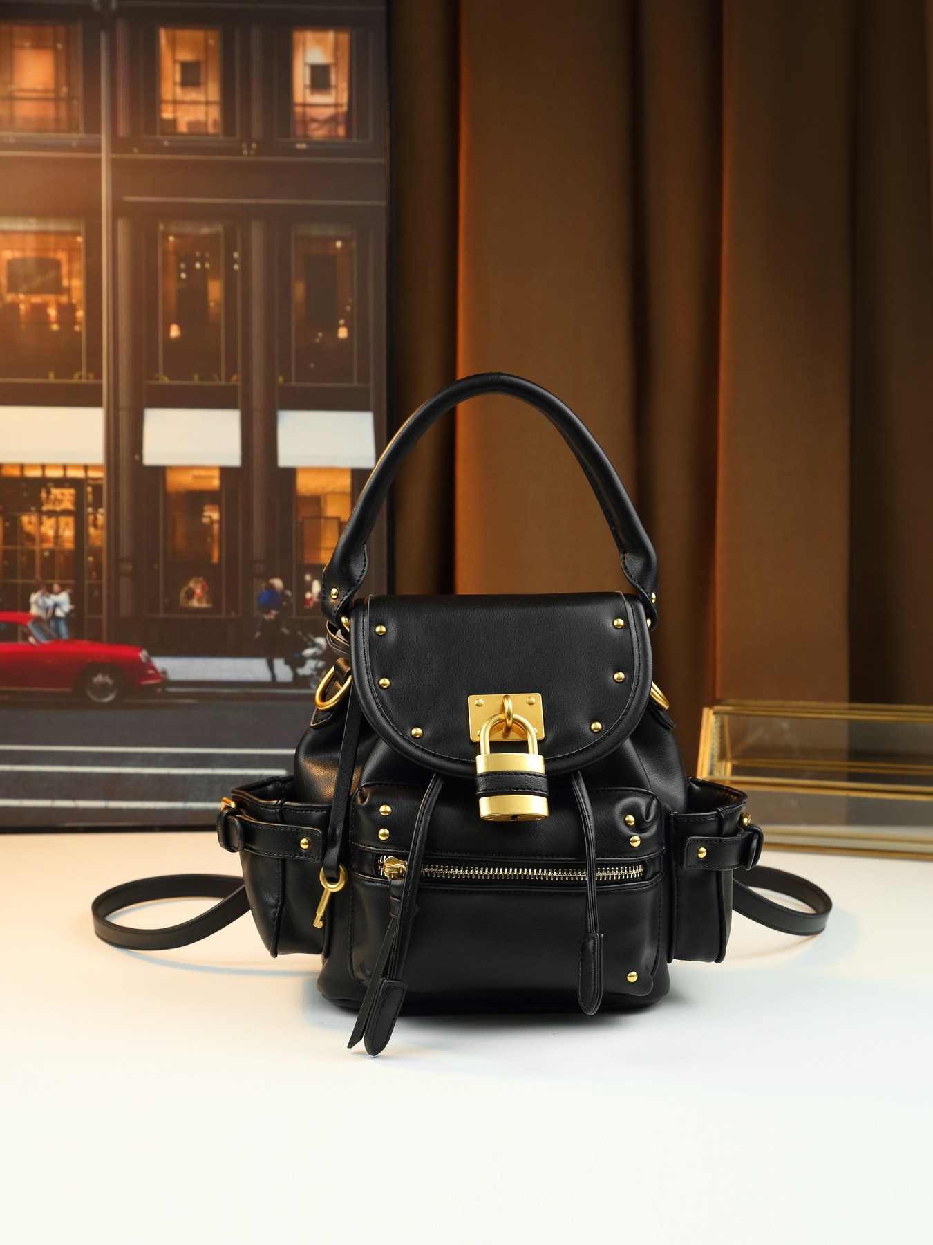 Borsa a mano retrò con lucchetto borchiato, media, multifunzionale, da donna, a tracolla, zaino da pendolare, in pelle PU con cerniera_voghion.com