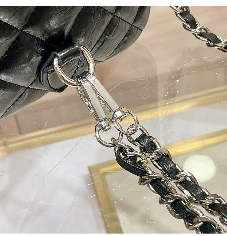 Balo nữ da thật dây xích kim cương phong cách thiết kế hương thơm nhỏ du lịch — Khóa vuông màu đen, Khóa vuông màu bạc, Khóa vuông màu trắng, Khóa tròn màu đen chi tiết 18