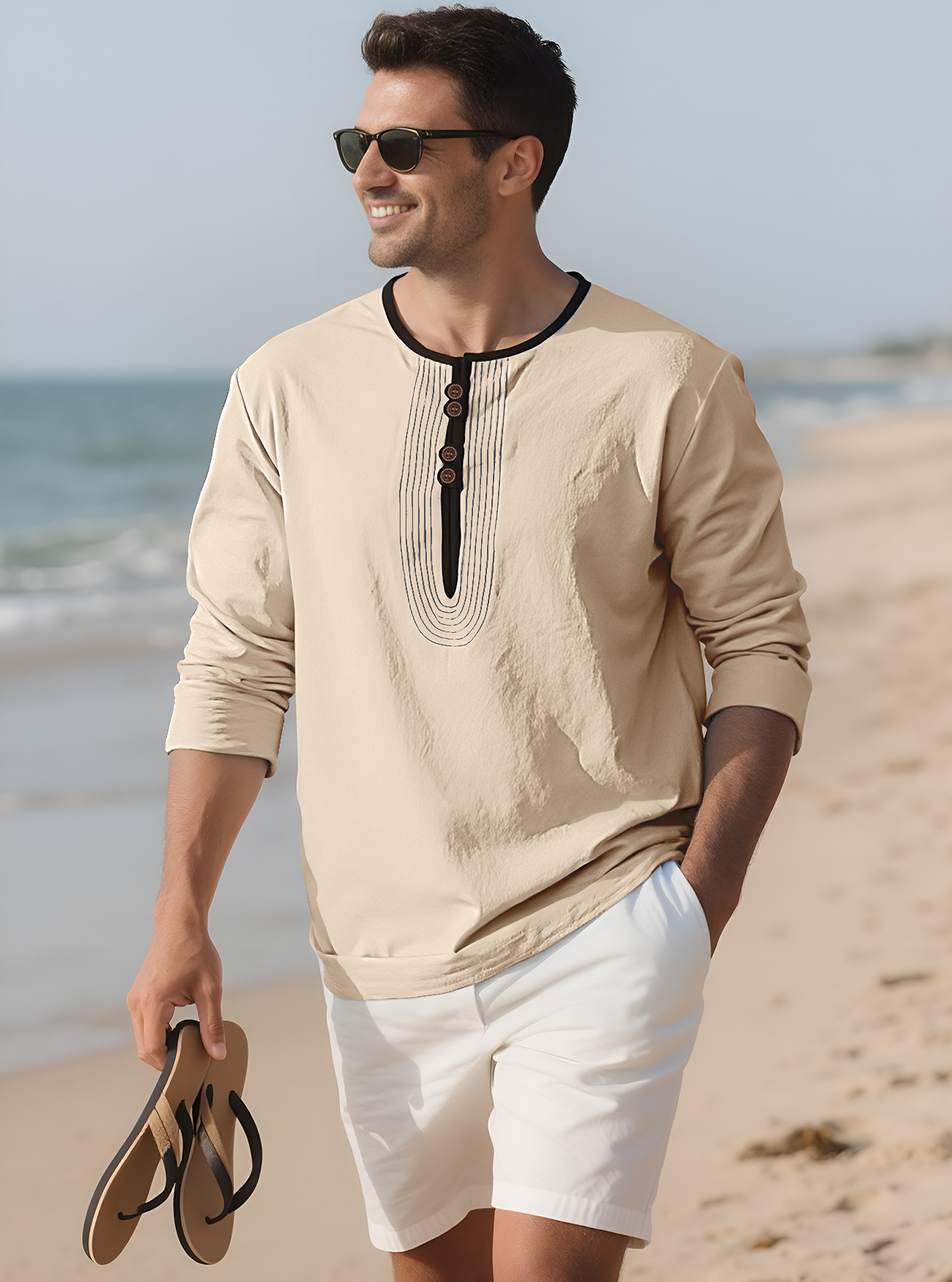 Monochrome Man- Cross-Border Foreign Trade Henry Collar European And American Men's Solid Color Linen Loose Casual Sports Long_viptrois.com