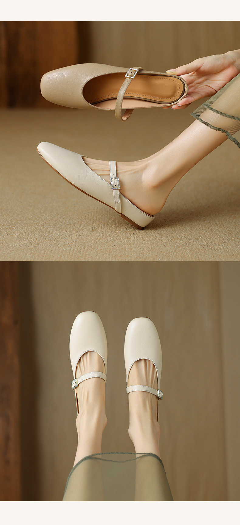 Dép sandal nữ quai chữ V bít mũi gót dốc da mềm — Màu trắng be chi tiết 8