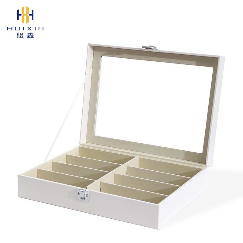 Nuevo producto blanco elegante caja de gafas de cuero de 8 dígitos con cubierta de vidrio caja de visualización de gafas de implantación de plástico para almacenar